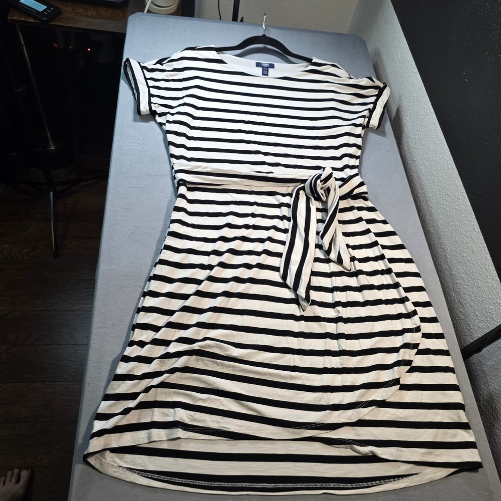 Chaps Womens Black White Striped Tie Waist Short Sleeve Knee Length Dress Medium